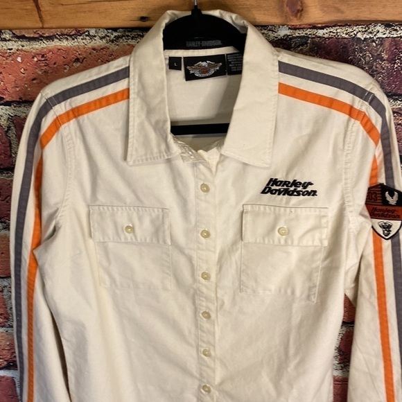 Harley Davidson Neutral Women’s Long Sleeve Button Up Top with Logos Size M/L - Picture 5 of 13